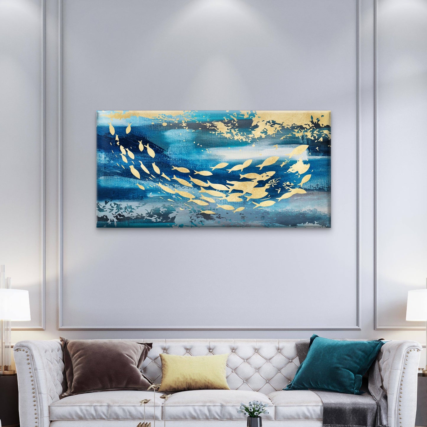 Gold School Of Fish Ocean Blue Wall Art Canvas Office Home Framed 120x60cm
