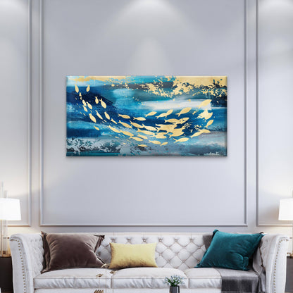 Gold School Of Fish Ocean Blue Wall Art Canvas Office Home Framed 120x60cm