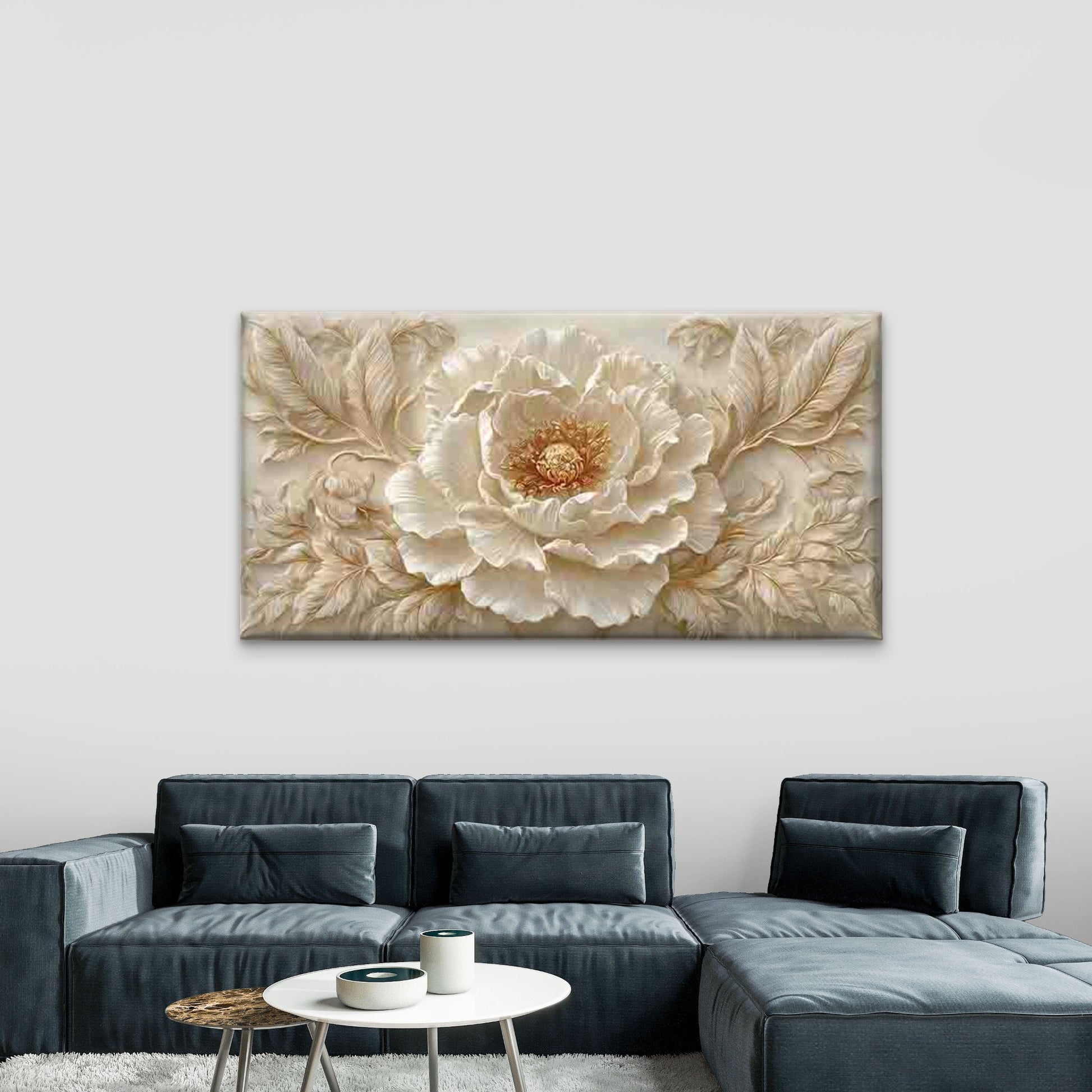 Golden Peony with Beige & GoldeWall Art Canvas Office Home Room Framed 120x60cm - Bella Home Decor