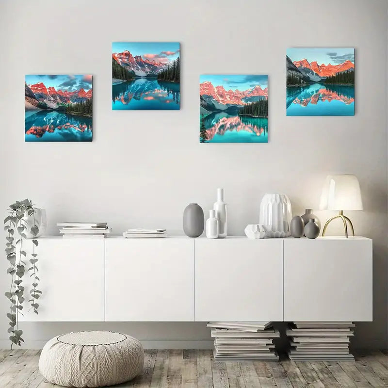 4pcs Mountain & Tree Landscape with Vibrant Suns Wall Art Canvas Framed