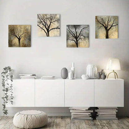 4pcs Abstract Rustic Golden Tree Art Wall Art Canvas Framed