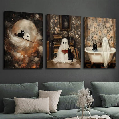 3pcs Cute Ghosts, Black Cats, Stylish Broom, Halloween Metal Print Ready to Hang Art