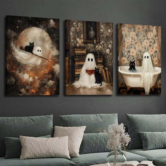 3pcs Cute Ghosts, Black Cats, Stylish Broom, Halloween Metal Print Ready to Hang Art