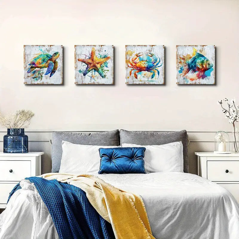 4pcs Ocean Crab Starfish Seafish  Wall Art Canvas Framed