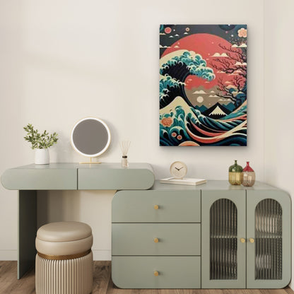 Great Wave & Cherry Blossoms 60x90cm Metal Print Ready to Hang - Bella Home Decor