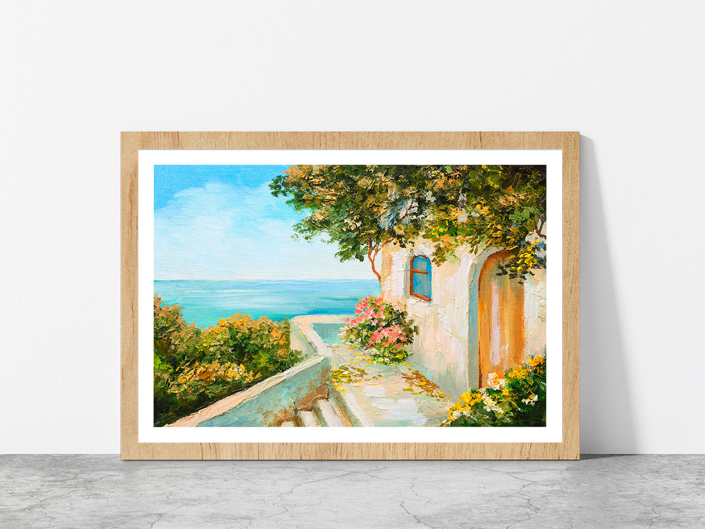 Summer Day House Near The Sea Glass Framed Wall Art, Ready to Hang Quality Print With White Border Oak