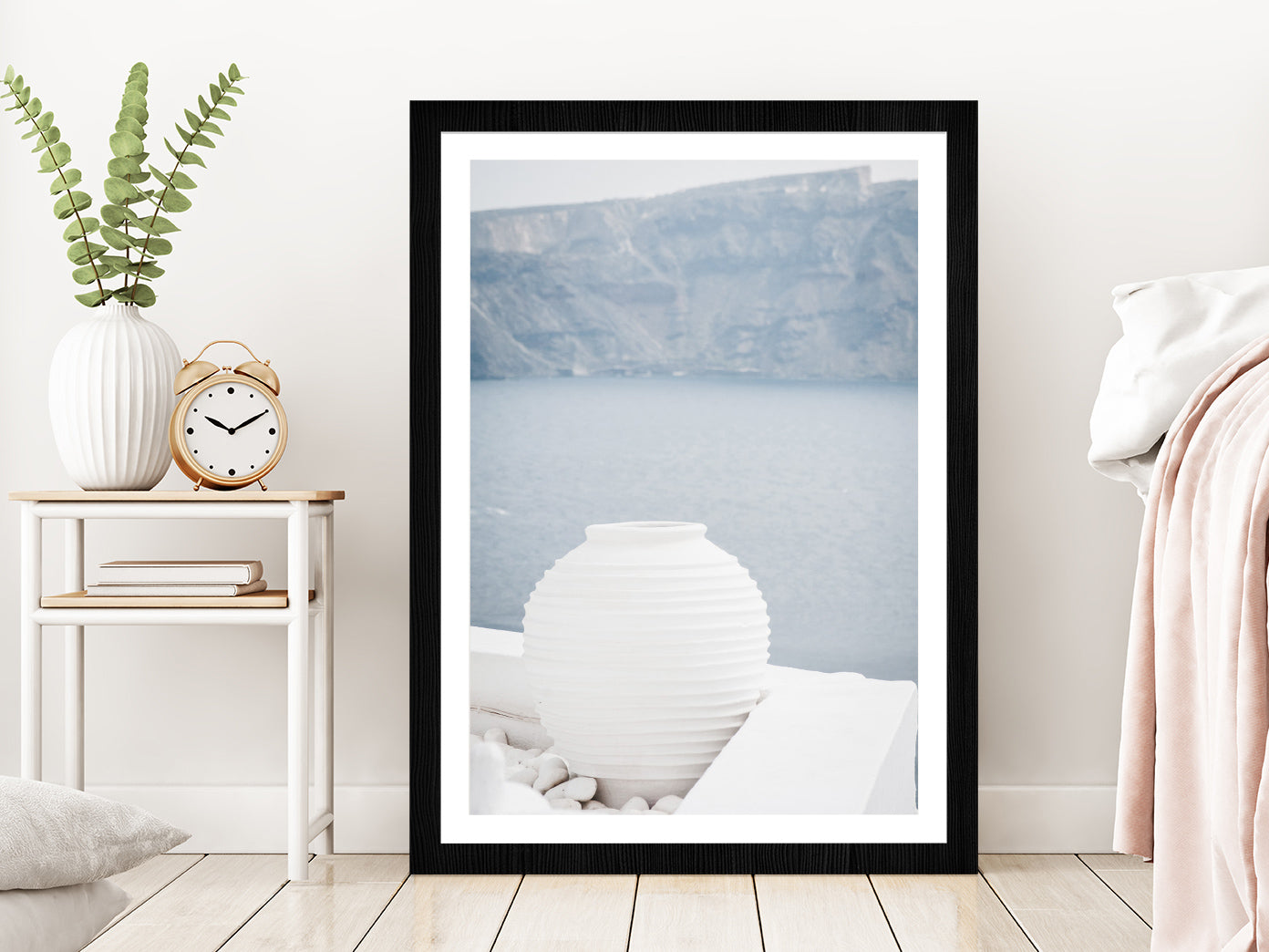 White Pot near Sea Photograph Glass Framed Wall Art, Ready to Hang Quality Print With White Border Black