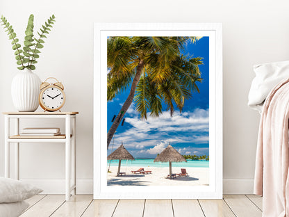 Palm Tree & Beach Huts in Tropical Beach Glass Framed Wall Art, Ready to Hang Quality Print With White Border White