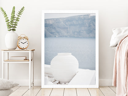 White Pot near Sea Photograph Glass Framed Wall Art, Ready to Hang Quality Print Without White Border White