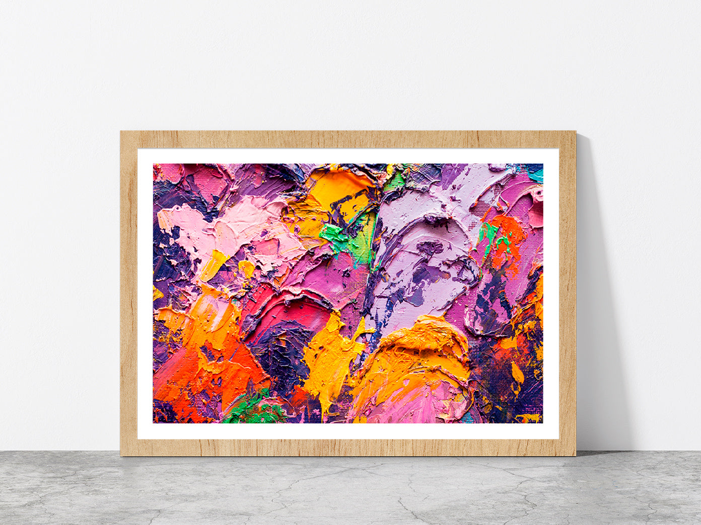 Colorful Abstract Oil Painting Glass Framed Wall Art, Ready to Hang Quality Print With White Border Oak