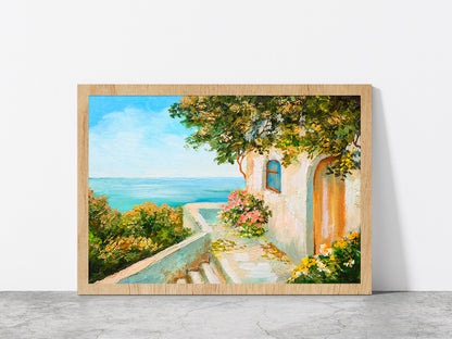 Summer Day House Near The Sea Glass Framed Wall Art, Ready to Hang Quality Print Without White Border Oak