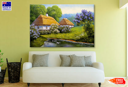 Old Village Houses & Trees near River Painting Wall Art Limited Edition High Quality Print