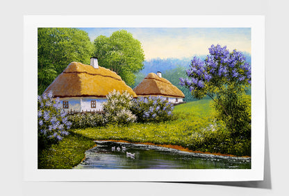 Old Village Houses & Trees near River Painting Wall Art Limited Edition High Quality Print Unframed Roll Canvas None