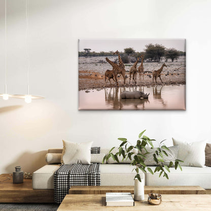 Giraffe Rhino Okaukuejo Waterhole Namibia Wall Art Decor 100% Australian Made