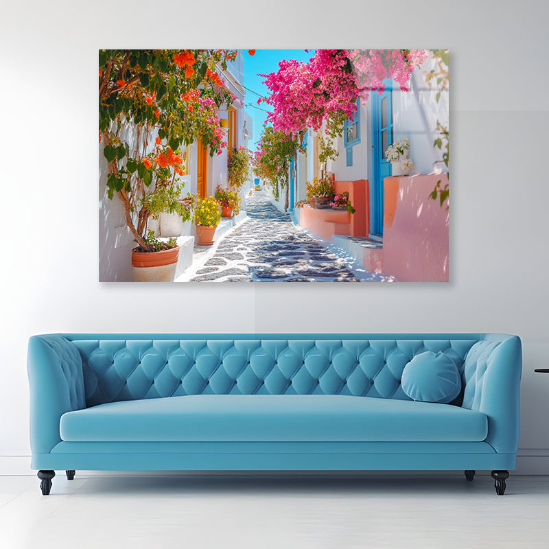 Beautiful Street with Flowers in Greece Acrylic Glass Print Tempered Glass Wall Art 100% Made in Australia Ready to Hang