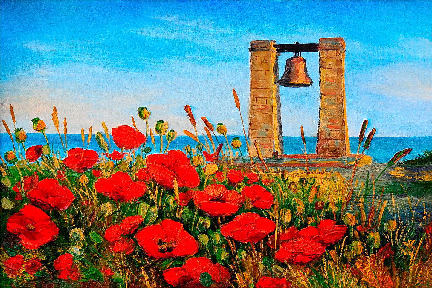 Poppies Near The Sea & Bell At Sunset Painting Glass Framed Wall Art, Ready to Hang Quality Print