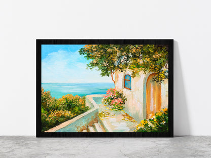 Summer Day House Near The Sea Glass Framed Wall Art, Ready to Hang Quality Print Without White Border Black