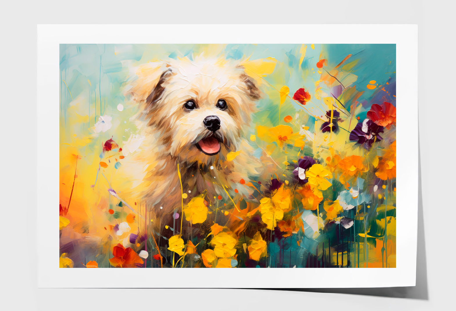 Dog In Flower Blossom Oil Painting Wall Art Limited Edition High Quality Print Unframed Roll Canvas None