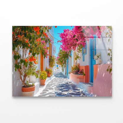 Beautiful Street with Flowers in Greece Acrylic Glass Print Tempered Glass Wall Art 100% Made in Australia Ready to Hang