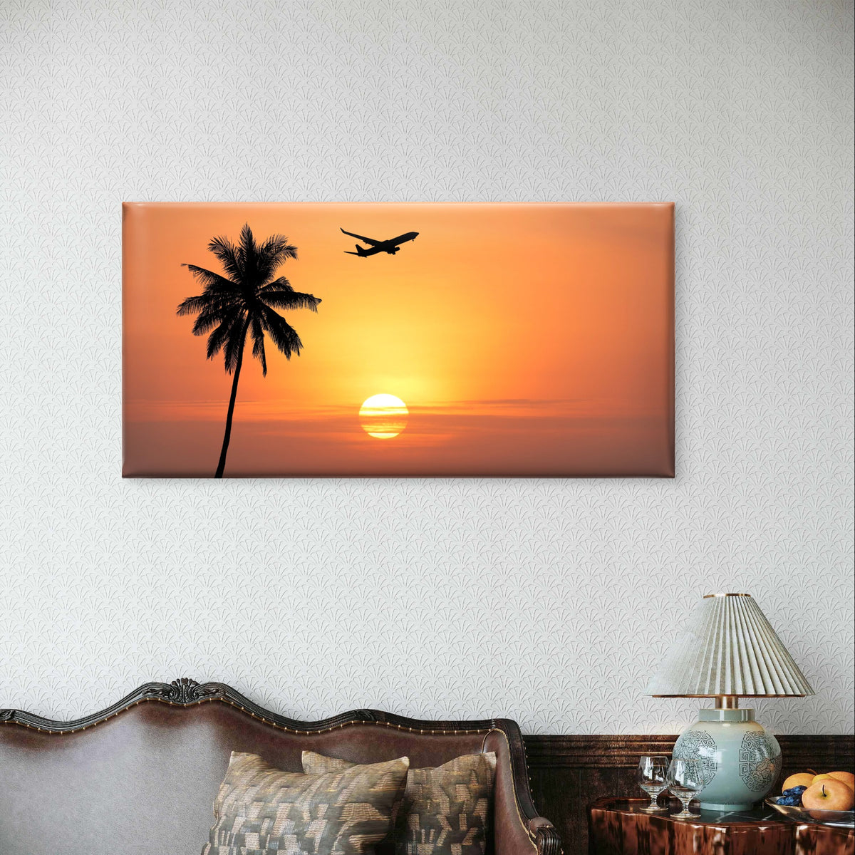 Tropical Airplane Sunset Palm Tree Sea Wall Art Canvas Office Home Framed 120x60cm