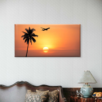 Tropical Airplane Sunset Palm Tree Sea Wall Art Canvas Office Home Framed 120x60cm
