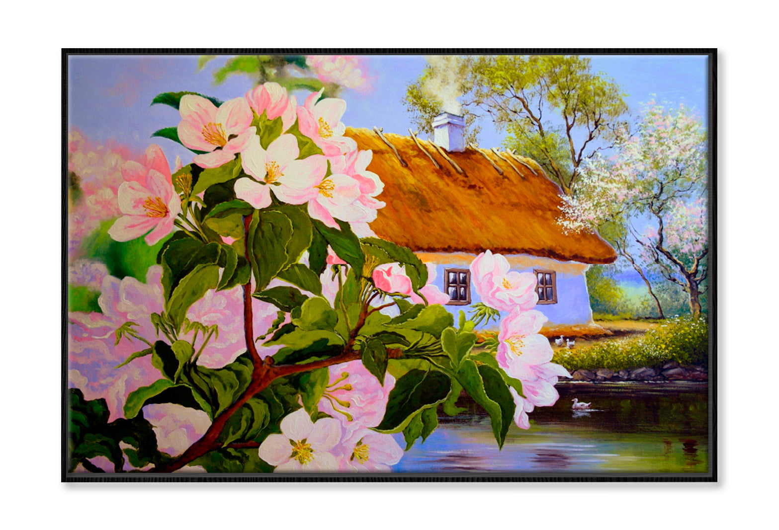 Spring Flowers With House Wall Art Limited Edition High Quality Print Canvas Box Framed Black