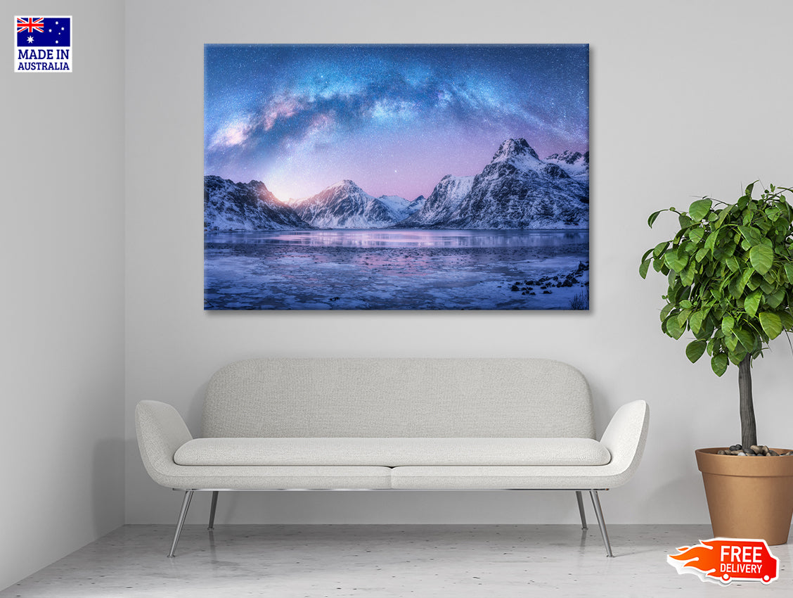 A Body of Water in the Foreground and Mountains Print 100% Australian Made