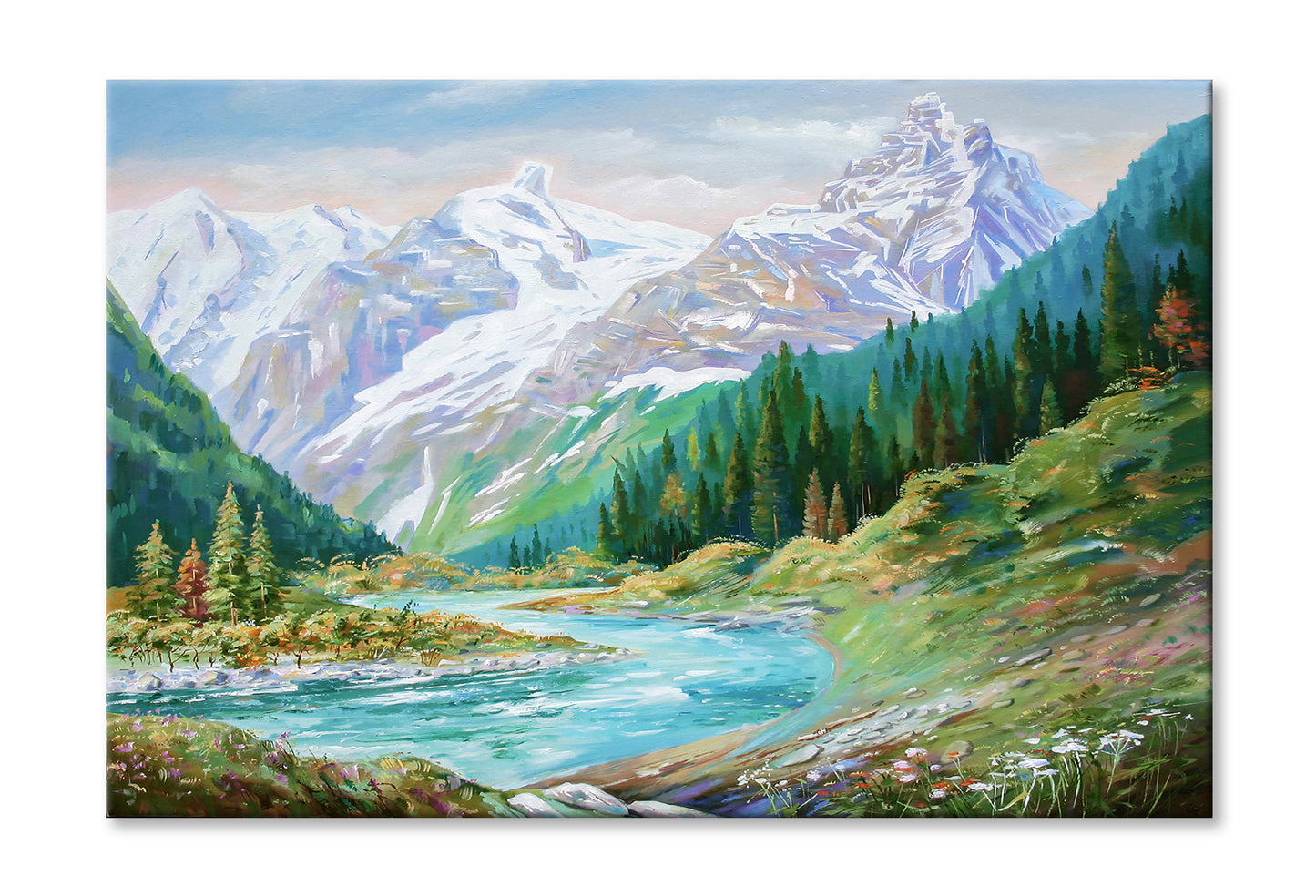 Teberda River & Caucasus Mountains Watercolor Painting Wall Art Limited Edition High Quality Print Stretched Canvas None