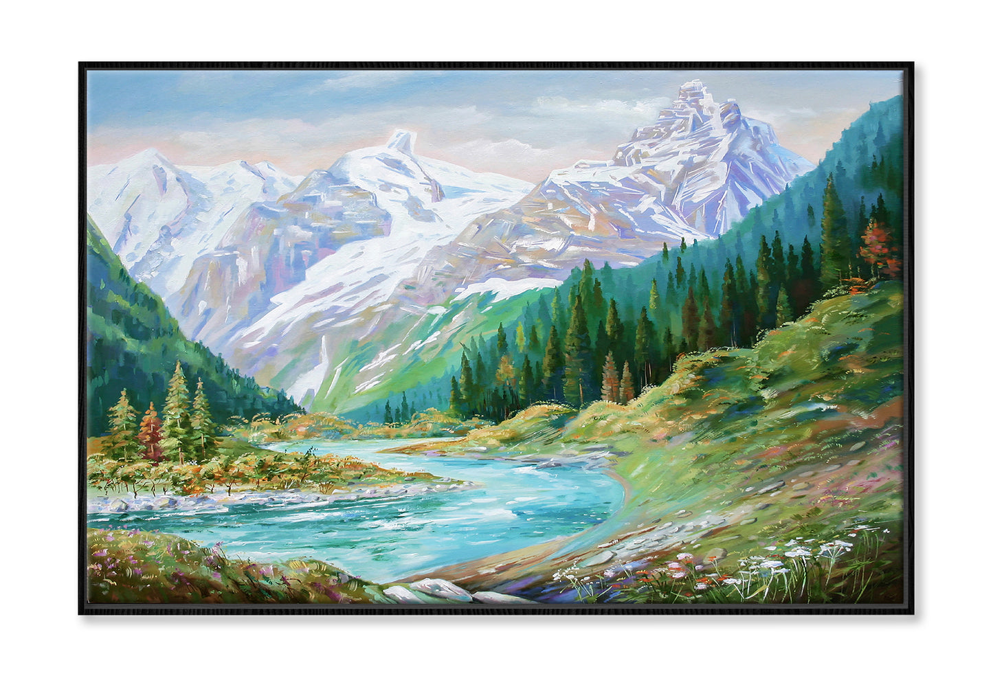 Teberda River & Caucasus Mountains Watercolor Painting Wall Art Limited Edition High Quality Print Canvas Box Framed Black