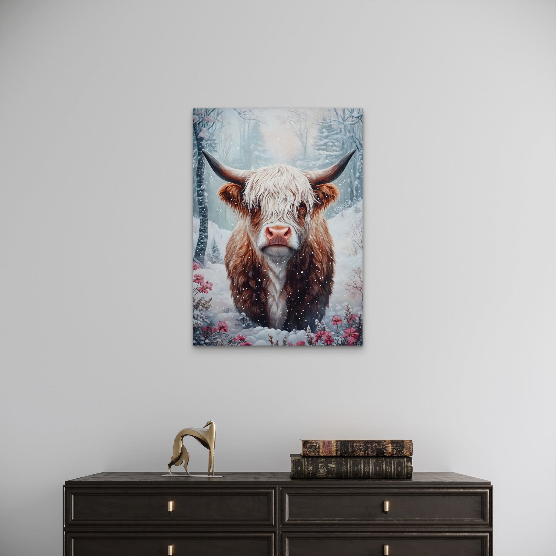 Winter Snow Highland Cow 60x90cm Metal Print Ready to Hang - Bella Home Decor