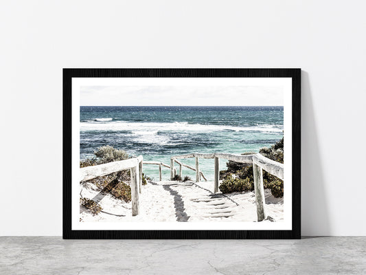 Fence Foot Path to Sea Faded Photograph Glass Framed Wall Art, Ready to Hang Quality Print With White Border Black