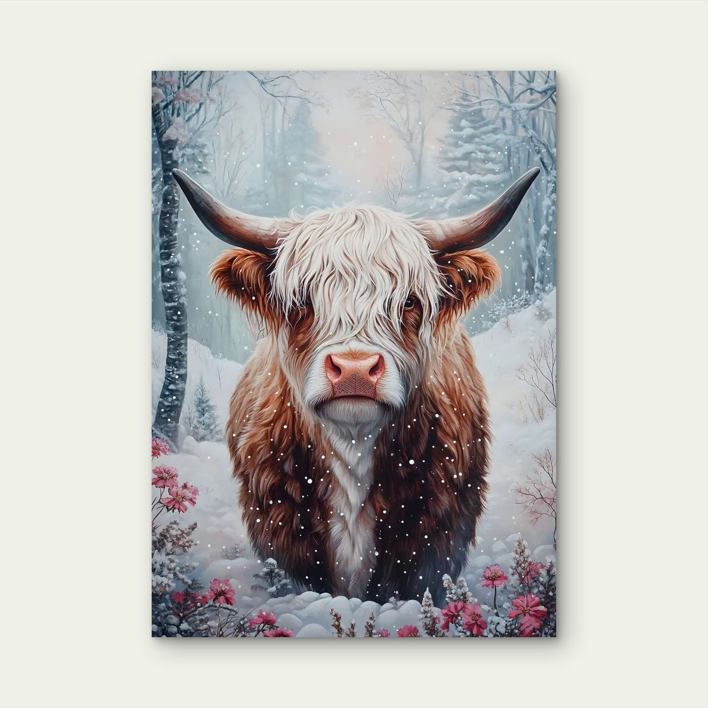 Winter Snow Highland Cow 60x90cm Metal Print Ready to Hang - Bella Home Decor