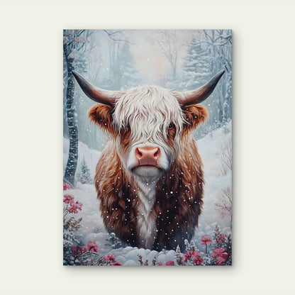Winter Snow Highland Cow 60x90cm Metal Print Ready to Hang - Bella Home Decor