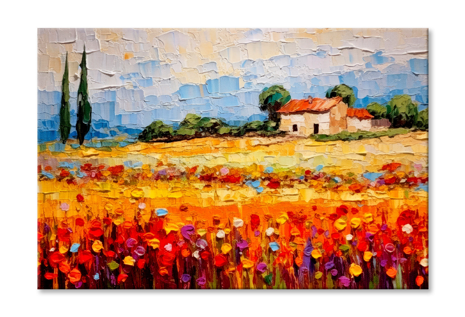 Colorful Flower Field near House & Cloudy Sky Painting Wall Art Limited Edition High Quality Print Stretched Canvas None