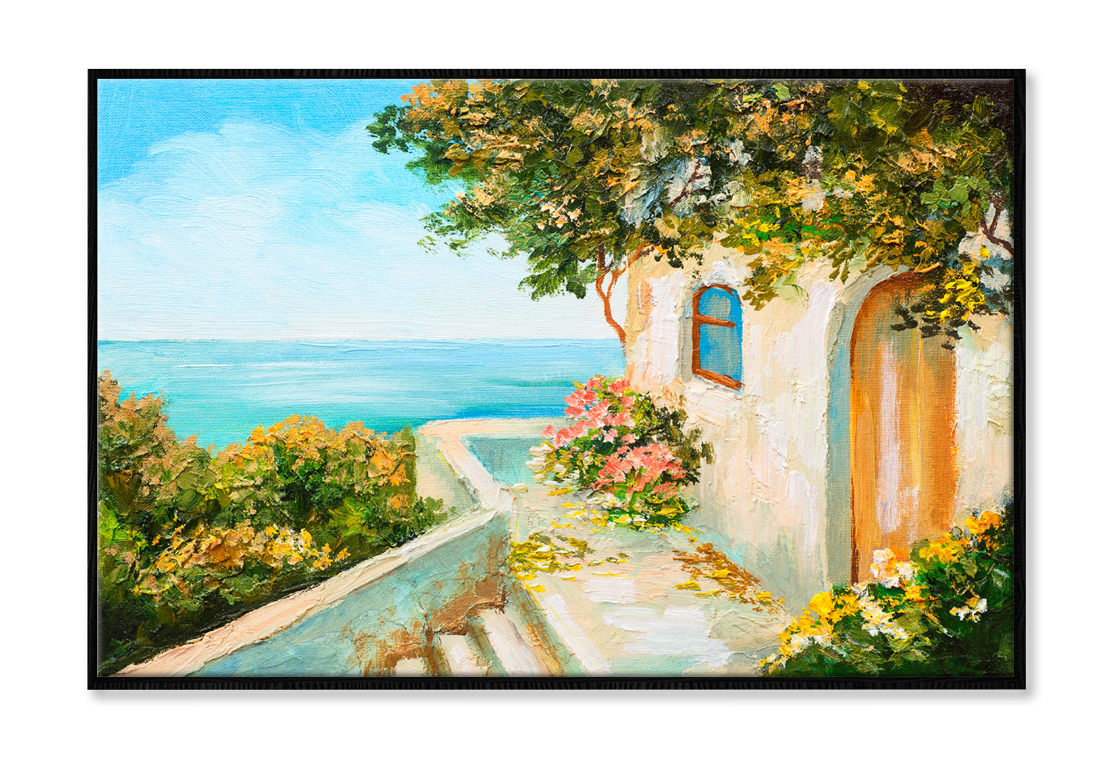 Summer Day House Near The Sea Oil Painting Wall Art Limited Edition High Quality Print Canvas Box Framed Black