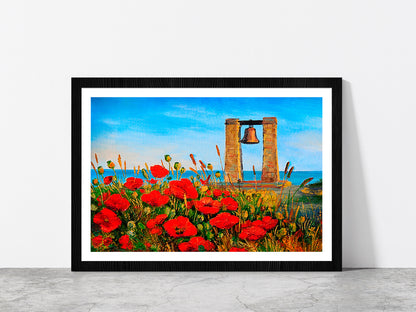 Poppies Near The Sea & Bell At Sunset Painting Glass Framed Wall Art, Ready to Hang Quality Print With White Border Black