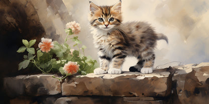 Fluffy Tabby Kitten Stone Wall Art Canvas Office Home Room Framed 120x60cm - Bella Home Decor