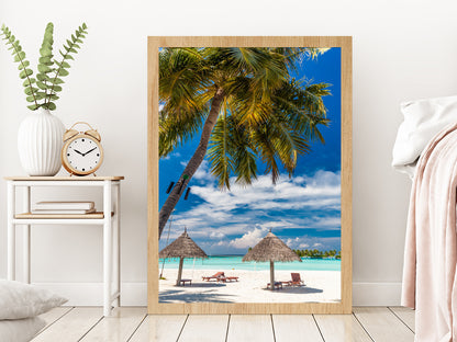 Palm Tree & Beach Huts in Tropical Beach Glass Framed Wall Art, Ready to Hang Quality Print Without White Border Oak