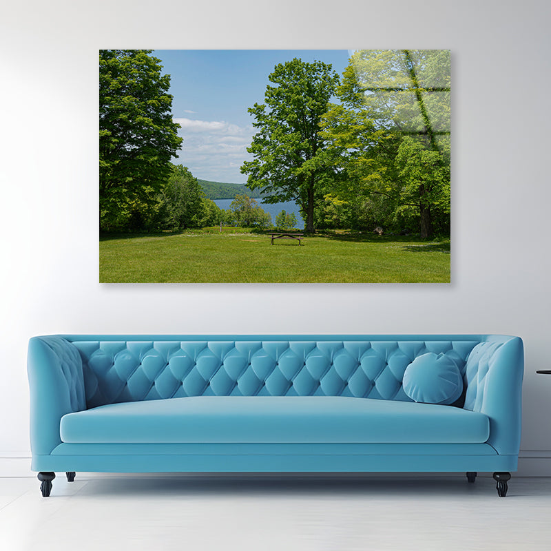 Picnic Table Located In Meadow with Lake Acrylic Glass Print Tempered Glass Wall Art 100% Made in Australia Ready to Hang