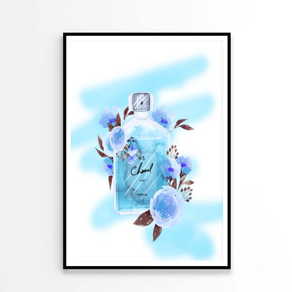 Blue Colored Fashion Perfume Bottle with Flowers Design Home Decor Premium Quality Poster Print Choose Your Sizes