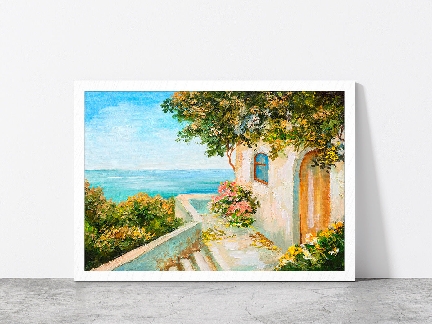 Summer Day House Near The Sea Glass Framed Wall Art, Ready to Hang Quality Print Without White Border White