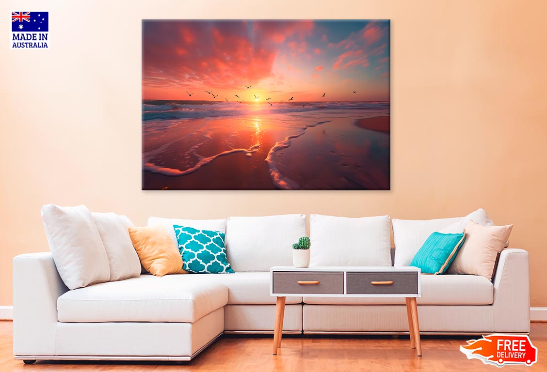 Beach Scene With Colorful Sunset Print 100% Australian Made