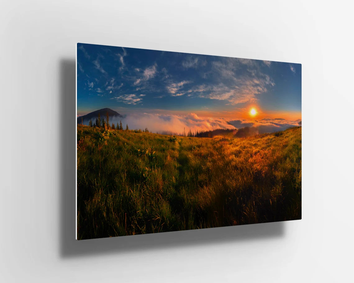 Mountains with sunset UV Direct Aluminum Print Australian Made Quality