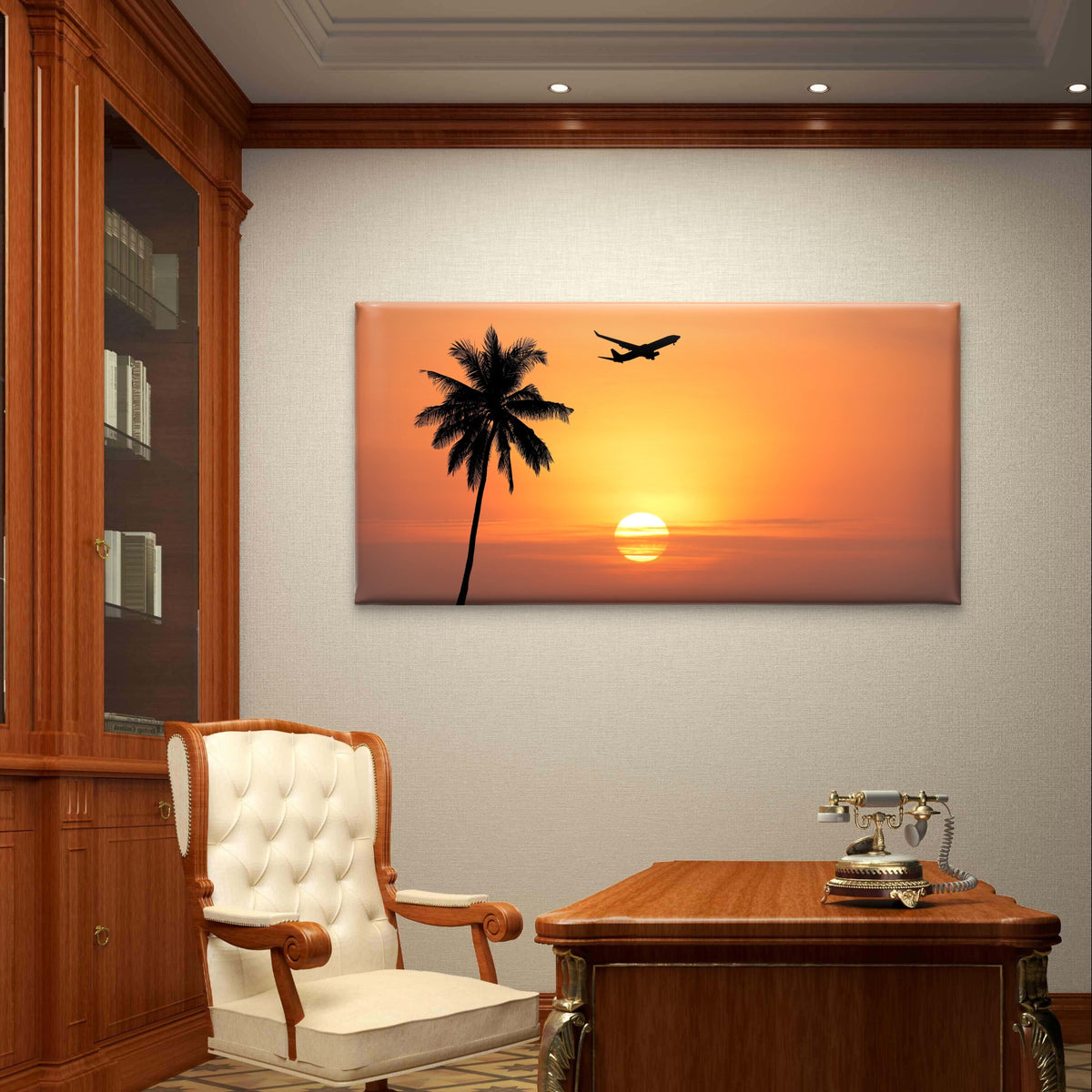 Tropical Airplane Sunset Palm Tree Sea Wall Art Canvas Office Home Framed 120x60cm