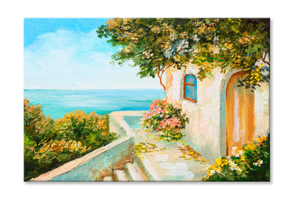 Summer Day House Near The Sea Oil Painting Wall Art Limited Edition High Quality Print Stretched Canvas None