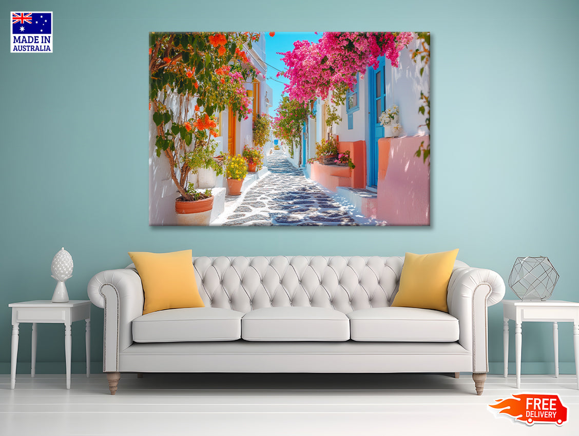 Beautiful Street with Flowers in Greece Print 100% Australian Made - Bella Home Decor
