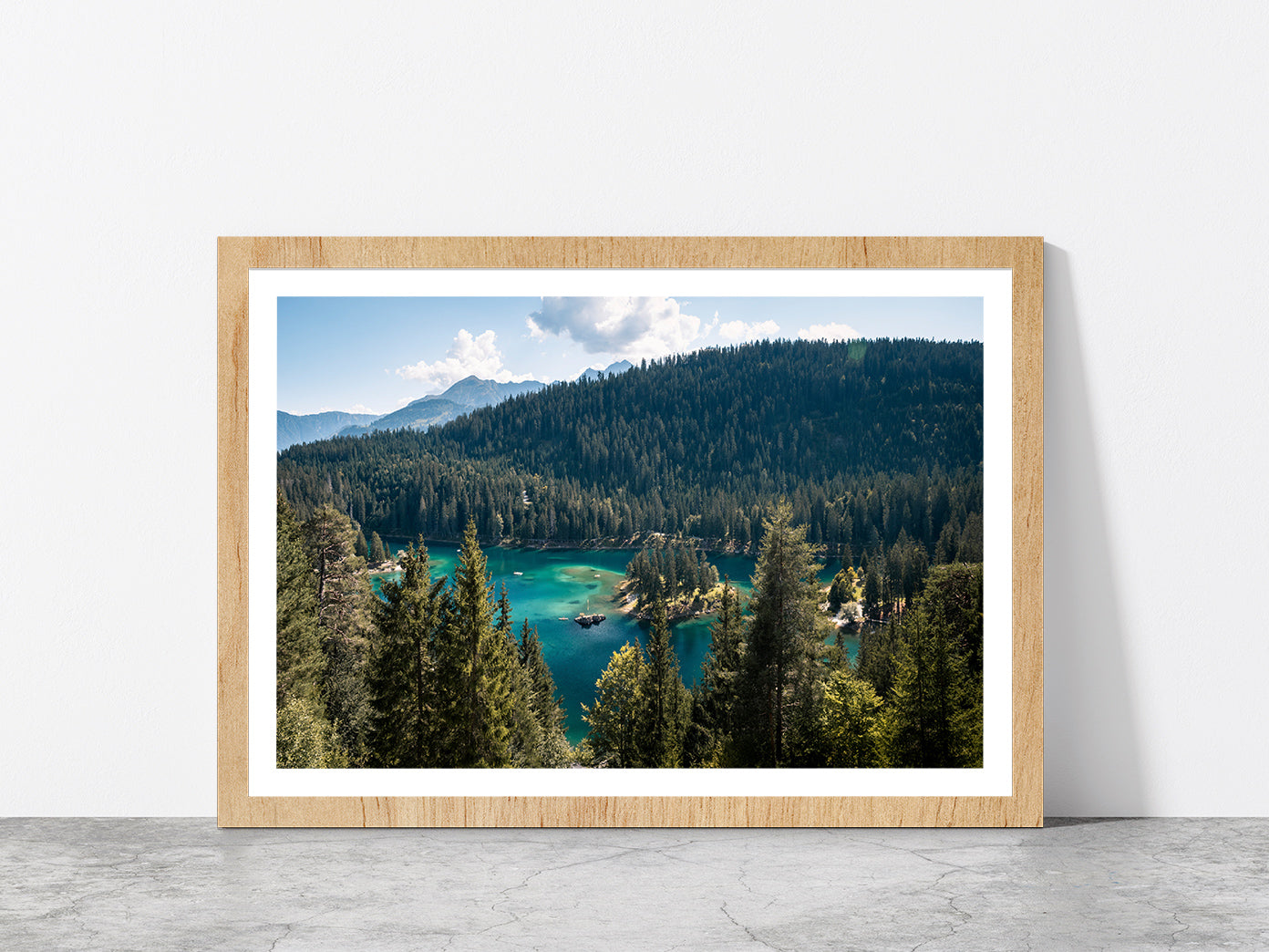 Mountain Landscapes In Switzerland Glass Framed Wall Art, Ready to Hang Quality Print With White Border Oak