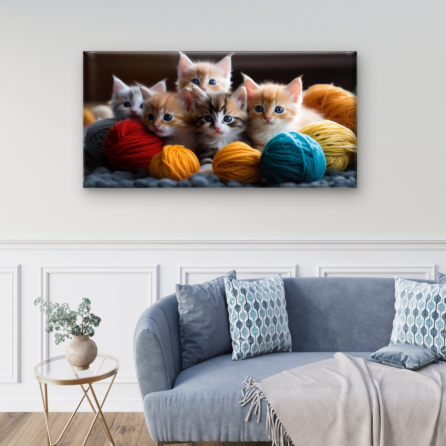 Cute Fluffy Kittens Playing Wool Yarn Balls Wall Art Canvas Office Home Room Framed 120x60cm