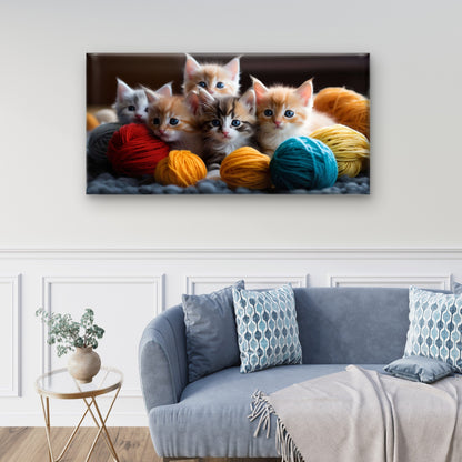 Cute Fluffy Kittens Playing Wool Yarn Balls Wall Art Canvas Office Home Room Framed 120x60cm