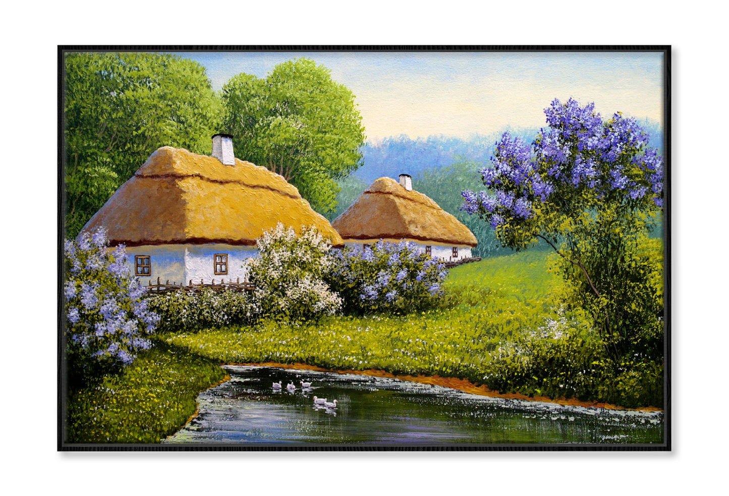 Old Village Houses & Trees near River Painting Wall Art Limited Edition High Quality Print Canvas Box Framed Black